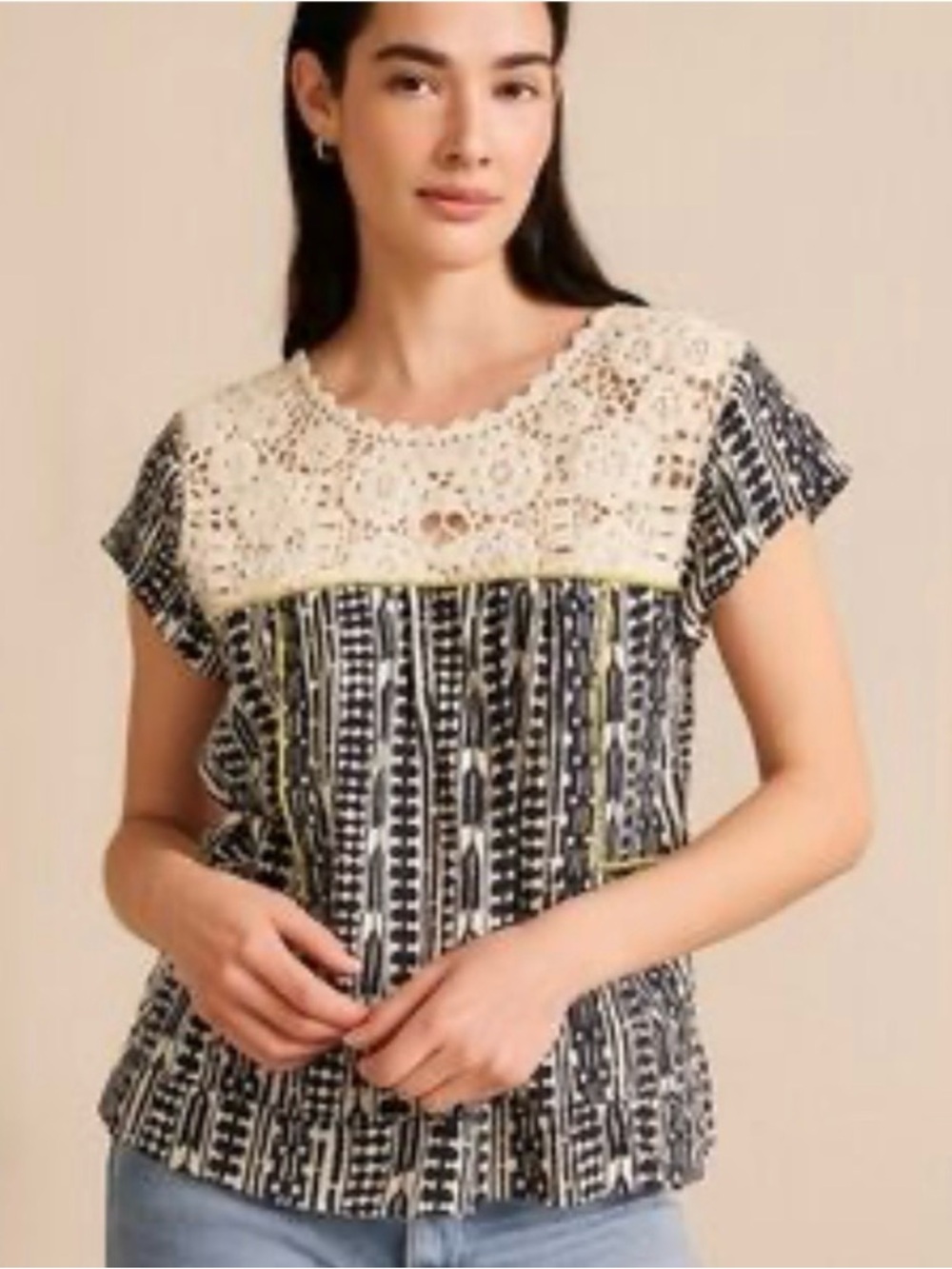 Anthropologie Tiny Top SZ M Blk/Off White Crochet Boho Lightweight Geo Print